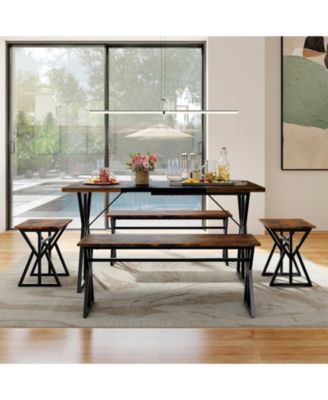5-Piece Industrial Dining Room Set Rectangular Kitchen Table with 2 Benches and 2 Stools