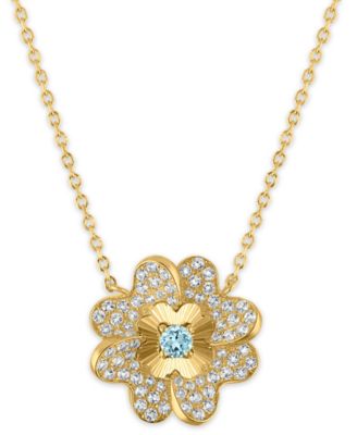 Blue Topaz (1/20 ct. t.w.) & White Topaz (1/3 ct. t.w.) Diamond Cut Flower Pendant Necklace in 14k Yellow Gold (Also Available in Amethyst)
