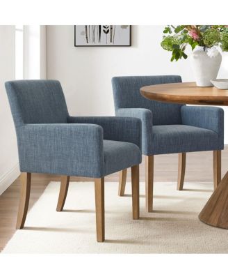 Set of 2 Linen Upholstered Dining Arm Chairs, Solid Wood Legs