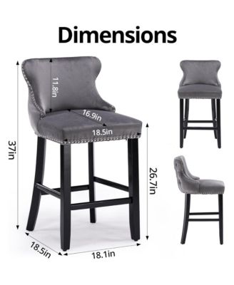 Velvet Wingback Bar Stools Set of 2, Counter Height Chairs with Solid Wood Legs, Button Tufted and Nailhead Trim for Kitchen Island