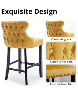 Velvet Wingback Bar Stools Set of 2, Counter Height Chairs with Solid Wood Legs, Button Tufted and Nailhead Trim for Kitchen Island