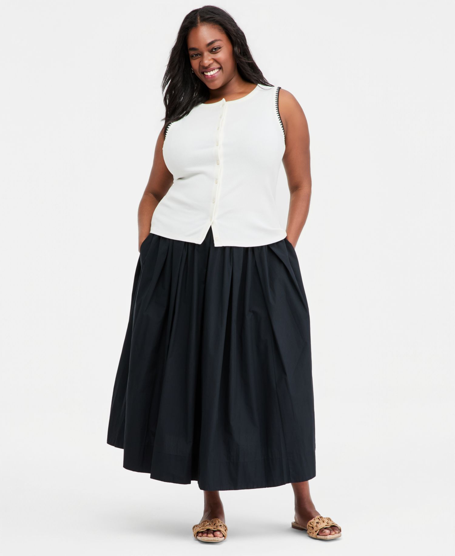 Women's Sleeveless Rib-Knit Whipstitch Button Front Top