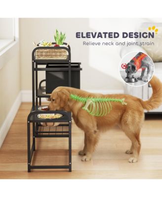 Black Elevated Dog Bowl Stand - 3 height adjustable, 2 feeding stations, built-in toy bin basket. Neat, ergonomic design