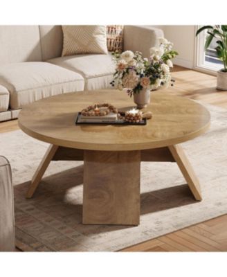 Round Coffee Table, 39.37" Wooden Circle Coffee Table with Splayed Legs
