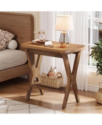 Solid Wood Side Table, 2-Tier End Table with Storage, Farmhouse Nightstand for Small Spaces