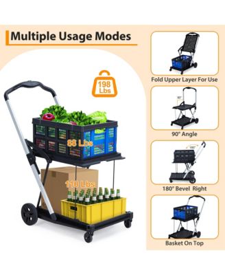 Collapsible Rolling Grocery Cart w/ Removable Basket and 360degree(s) Swivel Wheels, Lightweight Folding Utility Cart for Shopping and Office