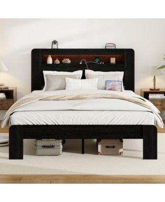 Bed Frame Wood Platform Bed Frame with Storage LED Light Headboard and 2 USB
