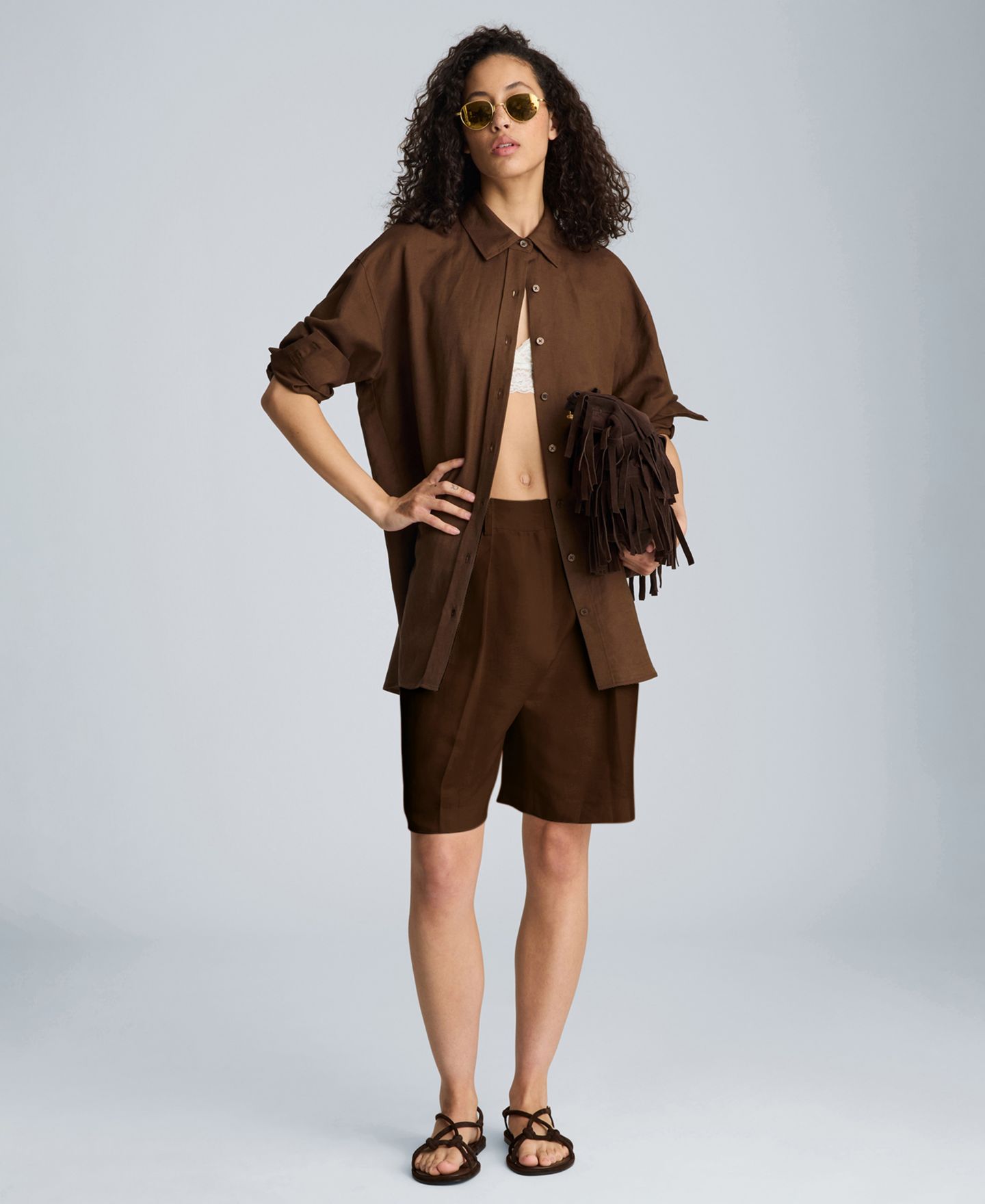 Женские шорты Kenneth Cole High-Rise Pleated Linen Blend, цвет: Коричневый — фото 2