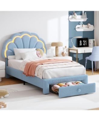 Upholstered LED Bed Frame with Storage Drawer and Adjustable Chic Headboard, Berber Fleece Princess Platform Bed for Kids, No Box Spring