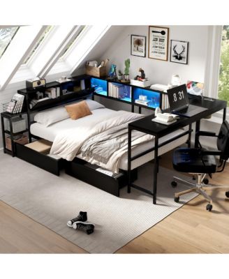 Corner Bed Frame Twin Size with Bookcase and 2 Underbed Storage Drawers
