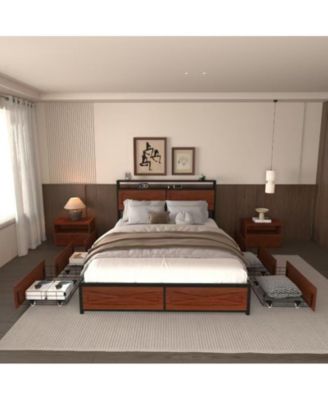 Full Bed Frame with 6 Storage Drawers, Storage Headboard with Charging Statio Bed Frame