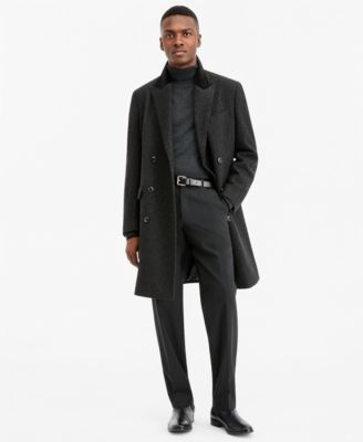 Men's Modern-Fit Herringbone Charcoal Overcoat