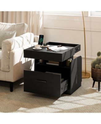 2-Piece Nightstand with Charging Station Drawer Sliding Top Storage Tray Open Shelves