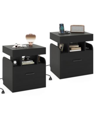 2-Piece Nightstand with Charging Station Drawer Sliding Top Storage Tray Open Shelves