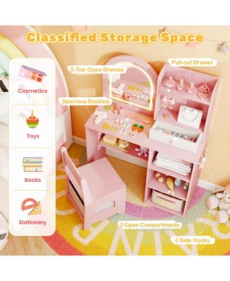 Kids Makeup Vanity Desk and Chair Set with 3-Color LED Mirror
