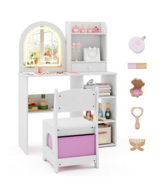 Kids Makeup Vanity Desk and Chair Set with 3-Color LED Mirror