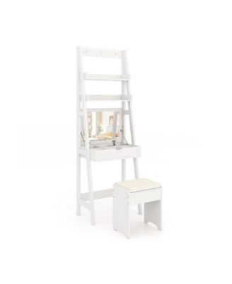 Flip Top Vanity Desk Set with Hidden Storage and Cushioned Stool