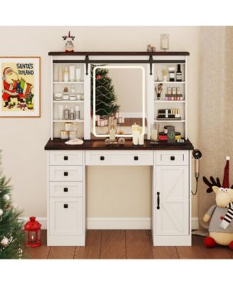 Farmhouse Vanity Desk with Barn-Style Sliding Mirror and 3 Lighting Modes