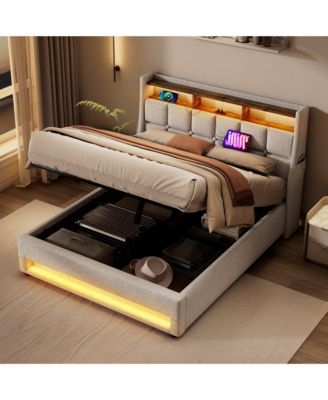 Upholstered Platform bed with a Hydraulic Storage System, LED and USB Charging