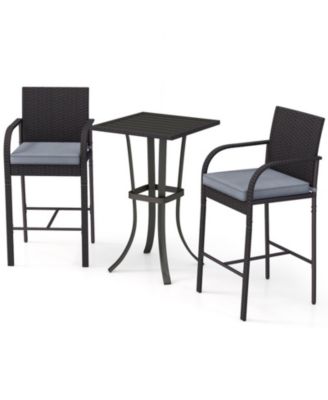 3-Piece Wicker Bar Height Patio Set with Cushioned Stools and Square Table