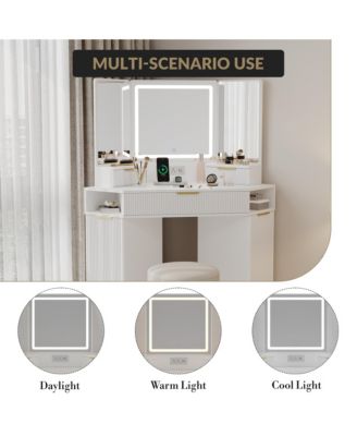 Corner Vanity, Corner Vanity Desk with Mirror and Lights, Fluted Makeup Table with Charging Station, Drawers, Storage Cabinets