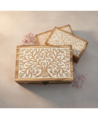 3 Piece Tree Of Life Carved Wooden Keepsake Boxes Decorative Storage Trinket Memorabilia