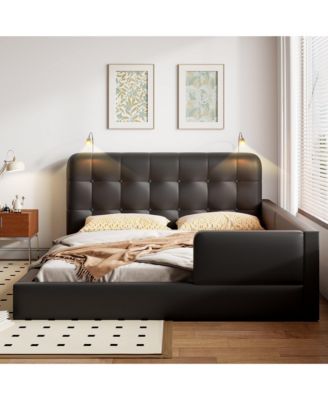 Queen Size Upholstered Platform Bed with 2 Reading Lights