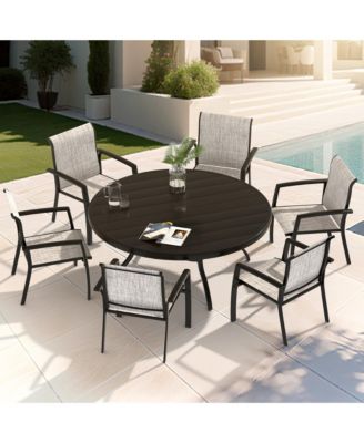 7-Piece Sandstone Outdoor Dining Set with 6 Ergonomic Textilene Chairs & Round Table with Umbrella Hole