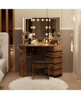 Corner Makeup Vanity Desk with LED Mirror - 3-Color Lighting, 5 Rotating Drawers, Power Outlet, Open Shelves and Stool, Dressing Table