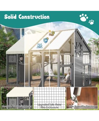 Large Outdoor Cat House with Planter Stand, Multi-Level Catio and Waterproof Roof