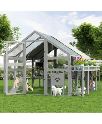 Multi-Level Cat House with Planter Stand, Bridge, Waterproof Roof for Outdoor Use