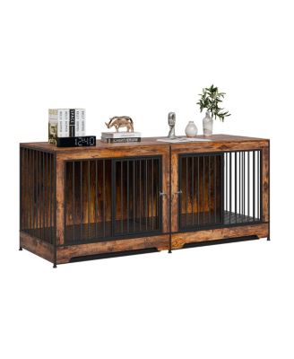 74" Dog House Kennel Table, Double Door Indoor Crate with Divider and Removable Trays