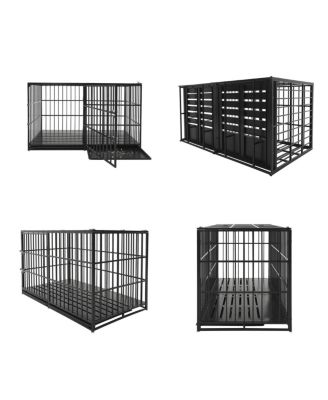 60" Dog House Crate, Heavy Duty Metal Kennel with Roof Door, Removable Trays and Mat