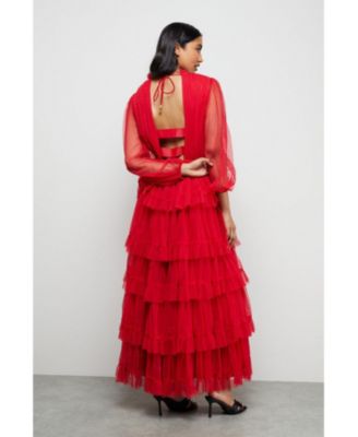 Women's Ruffle Neck Tulle Maxi Dress