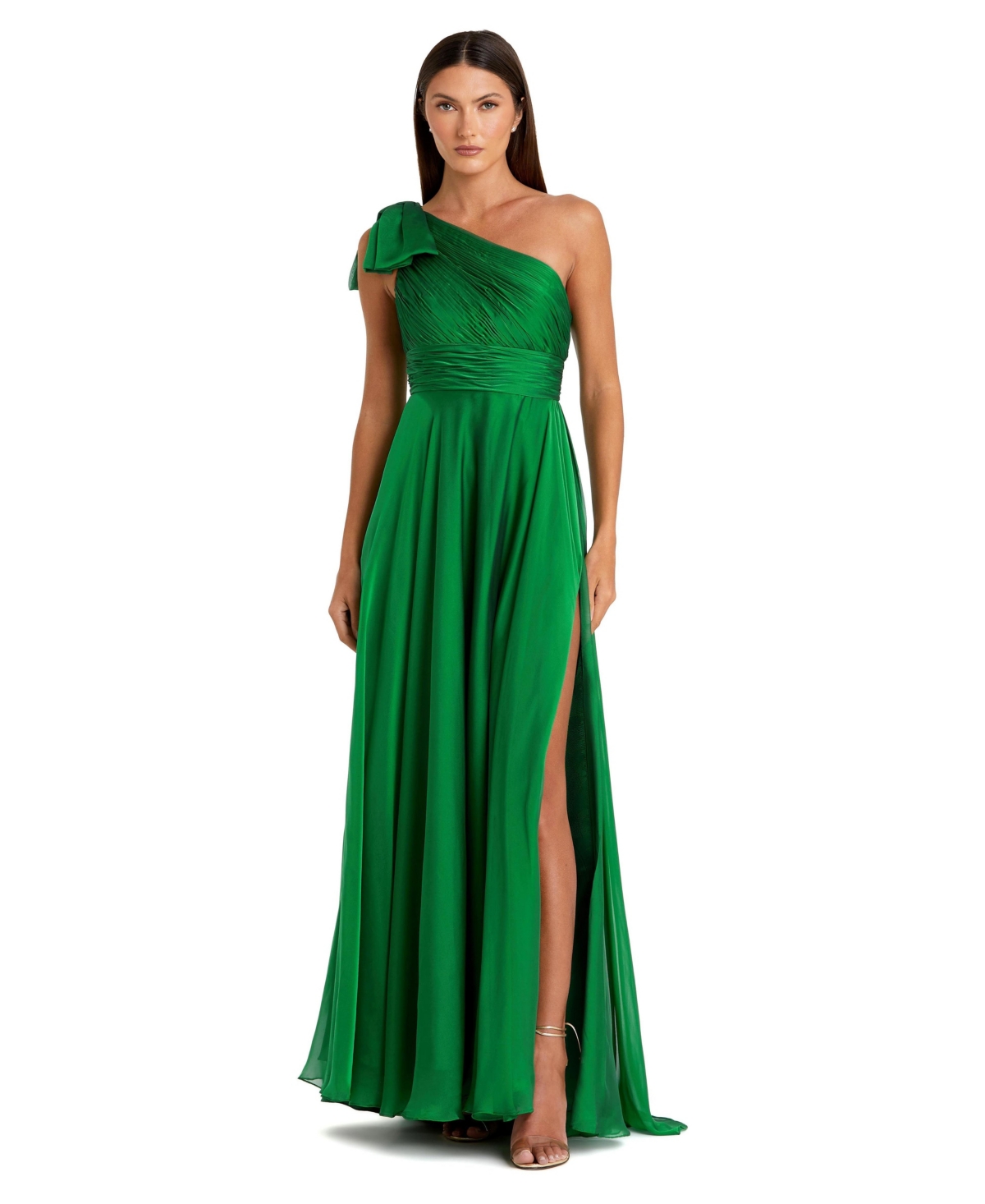 Ieena for Mac Duggal - Petite Emerald Sleeveless One Shoulder Pleated Gown - US 6P