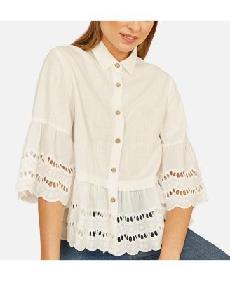 Women's 34 Sleeve Relaxed Scallop Trim Shirt