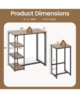 3-Piece Bar Height Table Set with Storage Shelves and 2 Stools