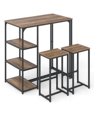 3-Piece Bar Height Table Set with Storage Shelves and 2 Stools