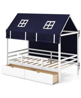 Twin House Bed with Removable Tent Canopy and 2 Rolling Storage Drawers