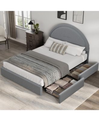 Full Boucle Upholstered Bed Frame with 2 Storage Drawers and Round Headboard, No Box Spring Needed