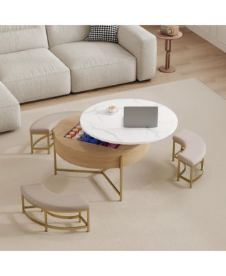 Modern Round Lift-Top Coffee Table with Hidden Storage and 3 Ottoman, Nesting Center Table Set for Living Room and Office