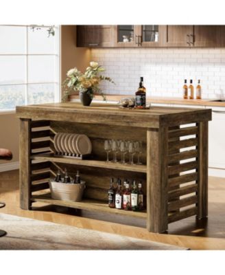 55" Kitchen Island with Seating and Storage, 3-Tier Farmhouse Wood Stationary Island Table with Large Work Surface, Coffee Bar Table