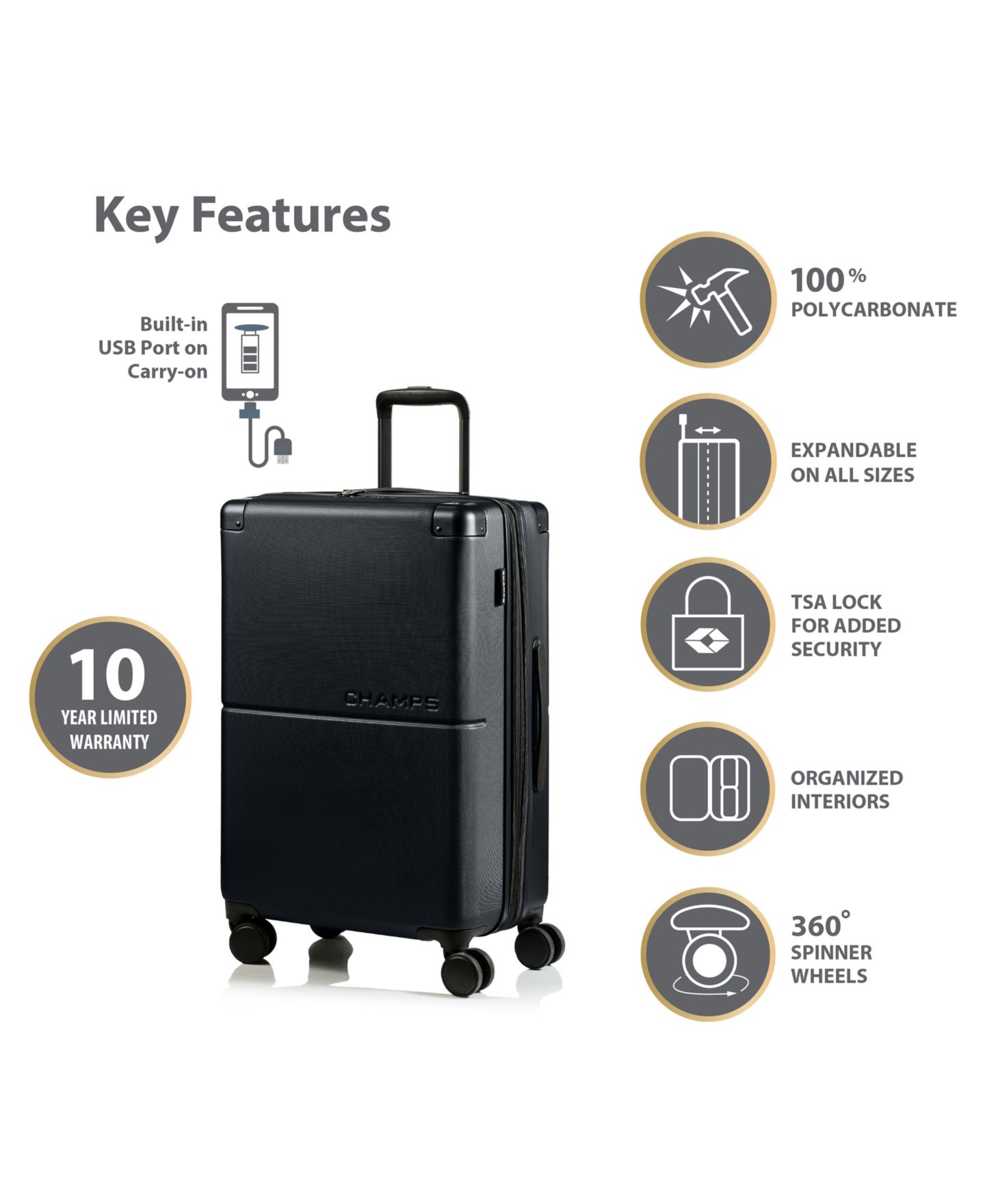 Чемоданы CHAMPS 3-Piece Earth Hardside Luggage Set with USB, цвет: Чёрный — фото 8