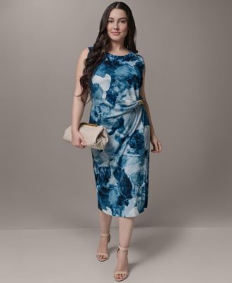 Plus Size Ribbed Knot Hardware Jewel Neck Dress