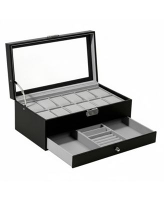 12 Slot Watch Box Display Organizer Leather Automatic LED Light Battery Operated Gift