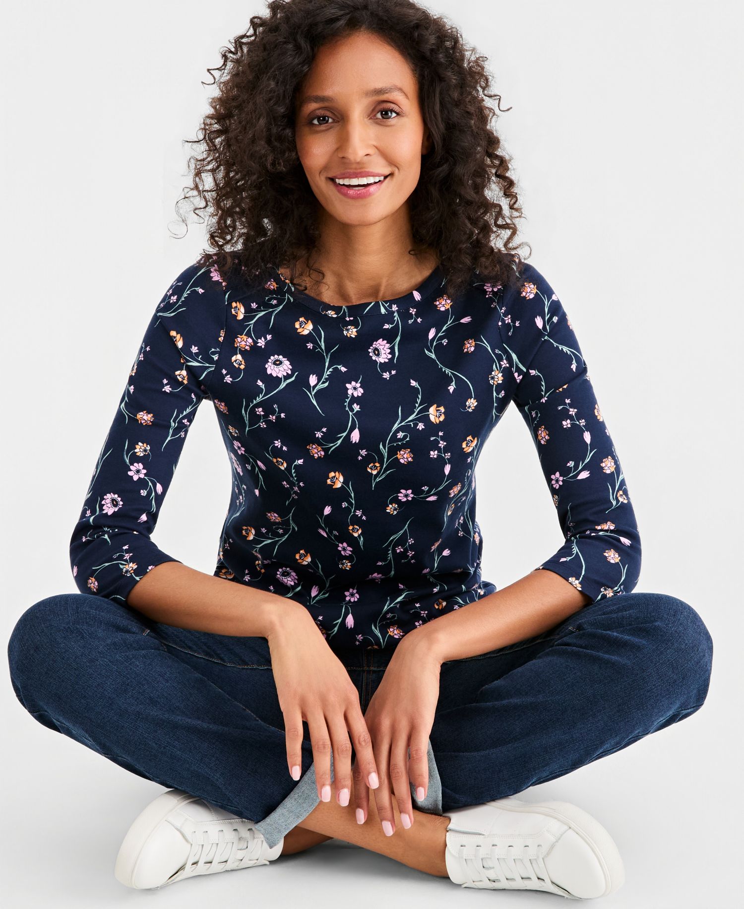 Women's Printed Pima Cotton 3/4 Sleeve Boat-Neck Top