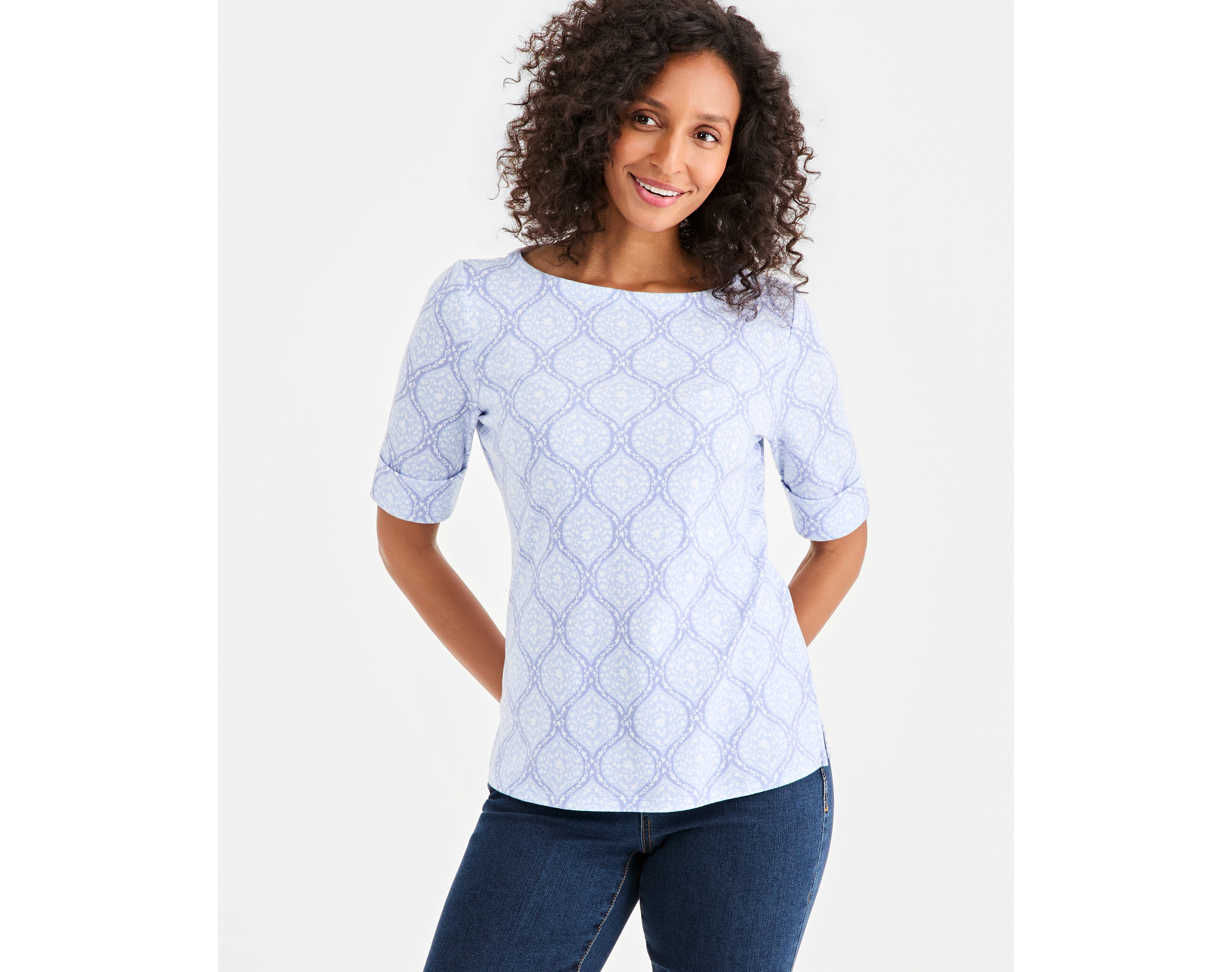 Style & Co Petite Printed Boat-Neck Elbow-Sleeve Top, Macy's Exclusive