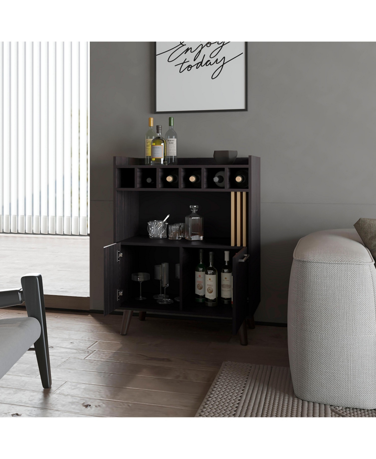 Flynama Wengue Bar Cabinet with Storage and Modern Conical Legs