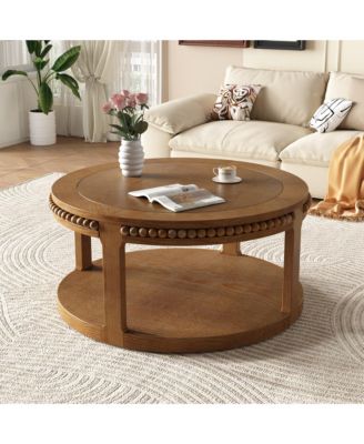 Round Coffee Table, 2-Tier Solid Wood Center Table with Ball-Joint Beaded Edge and Sturdy Legs for Living Room, Office
