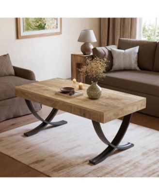 47" Coffee Table, Rectangle Center Table for Living Room, Industrial Modern Living Room Table, Wood Coffee Table with Curved Cross Legs